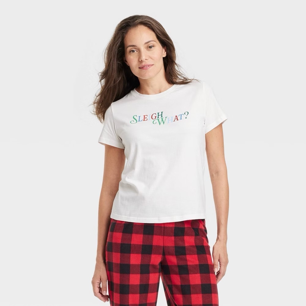 White Graphic Tee Christmas top “sleigh what?”